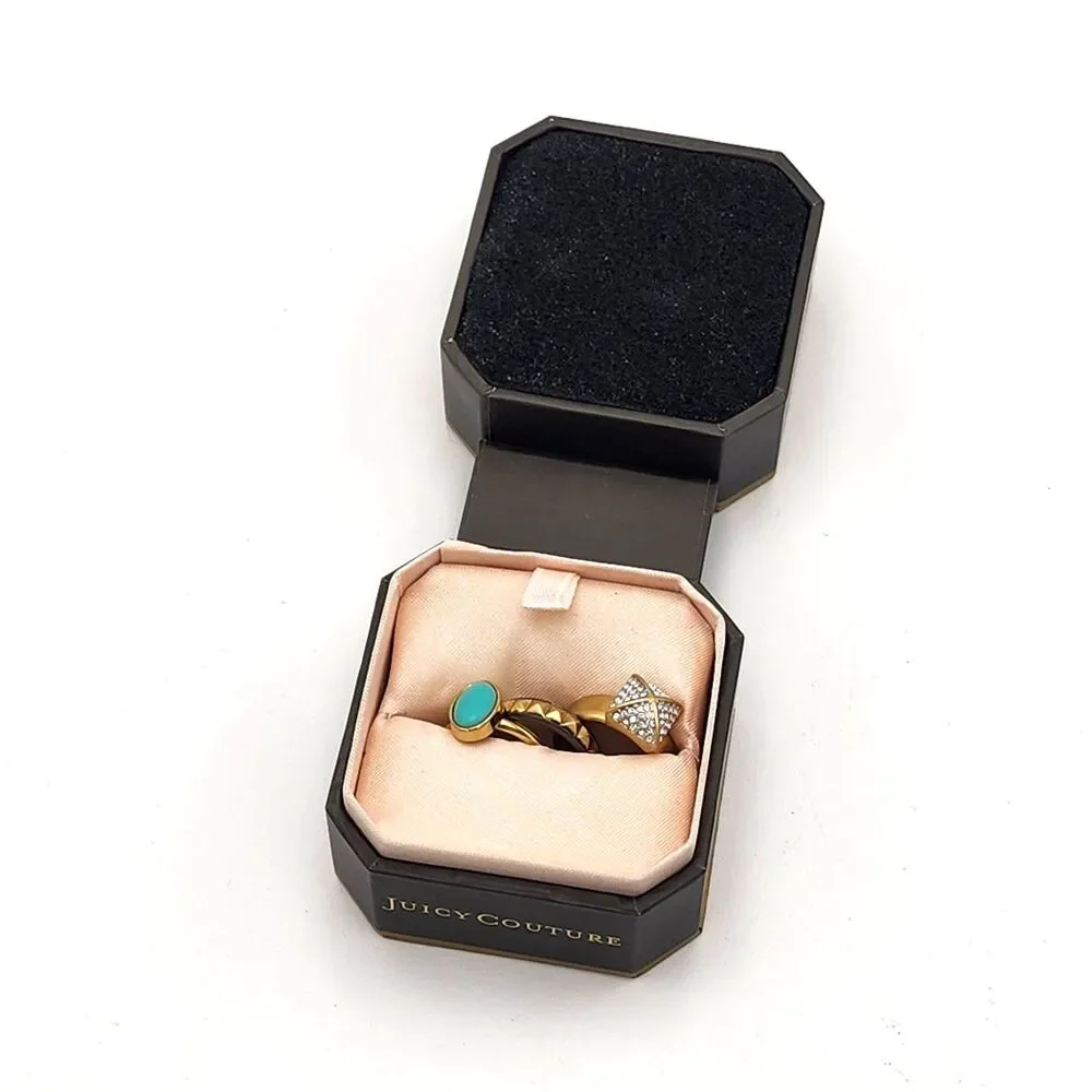 Juicy Couture Y2K Turquoise Gold Pave Square Stackable 3-Ring Set Size 7 BNIB